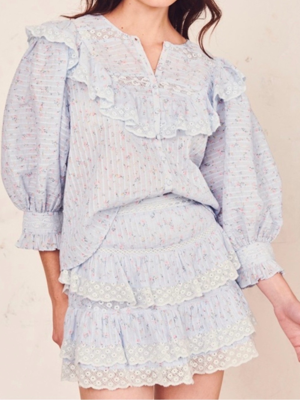 LoveShackFancy Powder Blue Floral Ruffle Button-Front Blouse